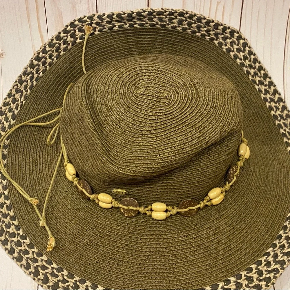 Karen Keith Wide Brim Boho Hat Women's Beeded‎ Olive Size Medium